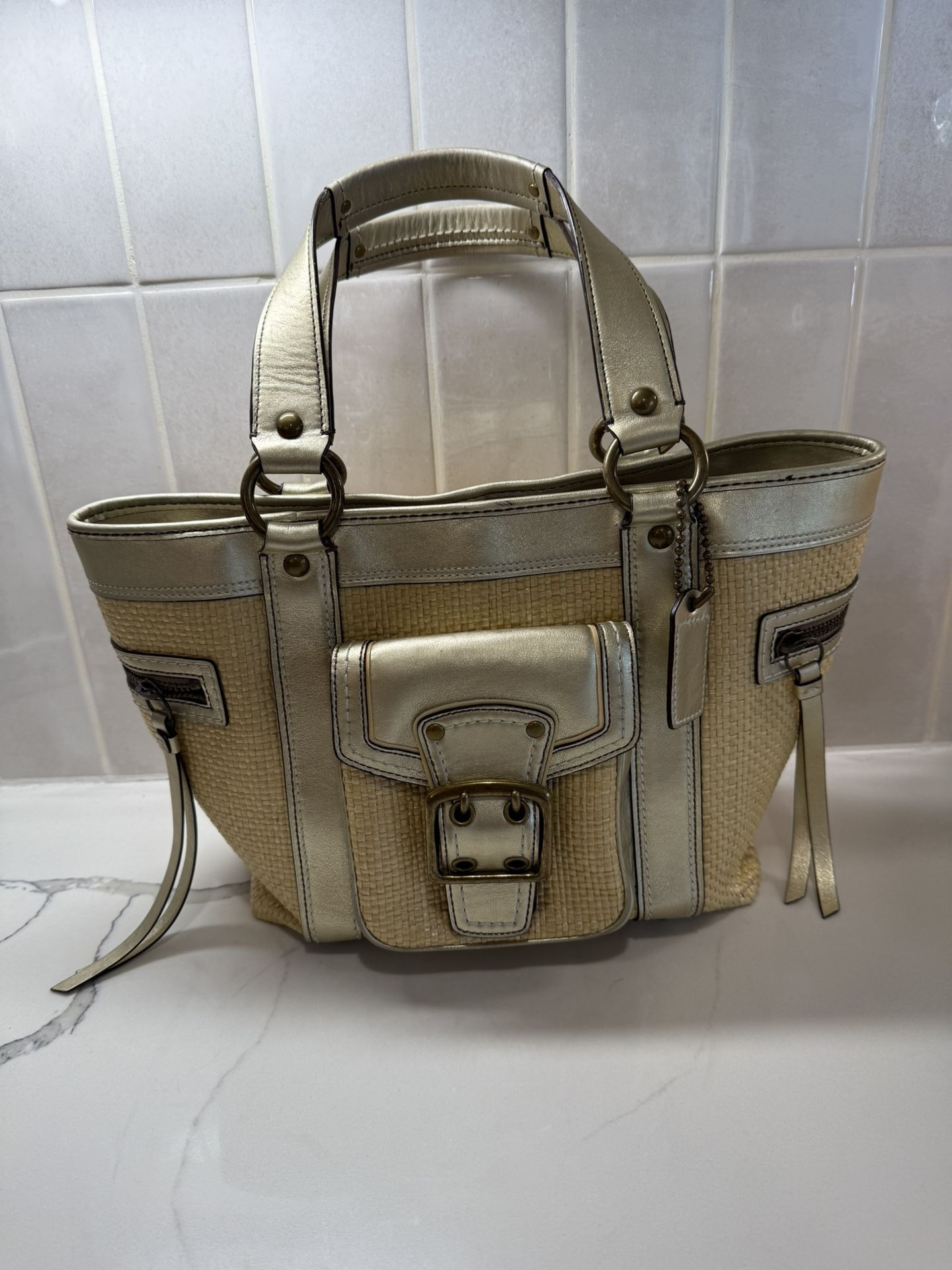 COACH LEGACY Gold Leather Natural Straw Tote Shopper Handbag Purse M05K-113 EUC