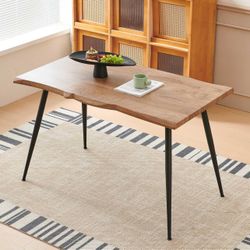 0780 47 in Modern Irregular Rectangle Faux Wood Grain Kitchen Dining Table for 4 Person, Metal Frame, Breakfast Table for Dining Room