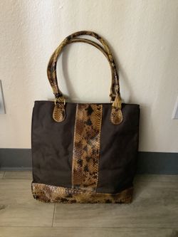 Brown Tote Bag with Snakeskin Trim
