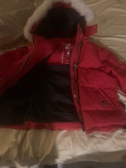 Red Puffer Jacket with Fur-Trim Hood moose knuckle