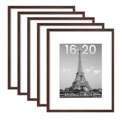 16x20 Picture Frame Set of 5, Display Pictures 11x14 with Mat or 16 x 20 Without, Wall Gallery Poster Frames, Brown