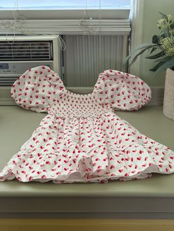btween White and Red Heart Print Puff Sleeve Dress