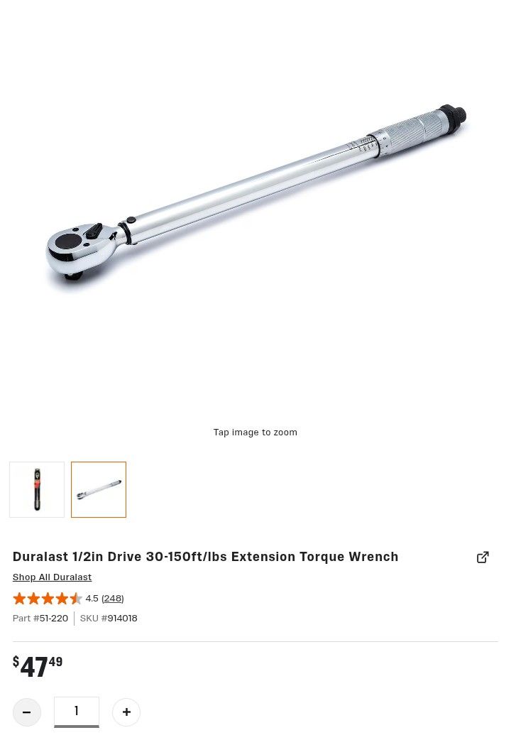 Duralast 1/2in Drive 30-150ft/lbs Extension Torque Wrench