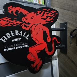 FIREBALL WHISKEY LIGHT UP NEON WALL MOUNTED PUB SIGN.  "BURNS LIKE HELL"