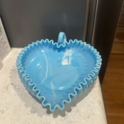 Vintage Fenton Blue/White Slag Hobnail Heart Shaped Dish