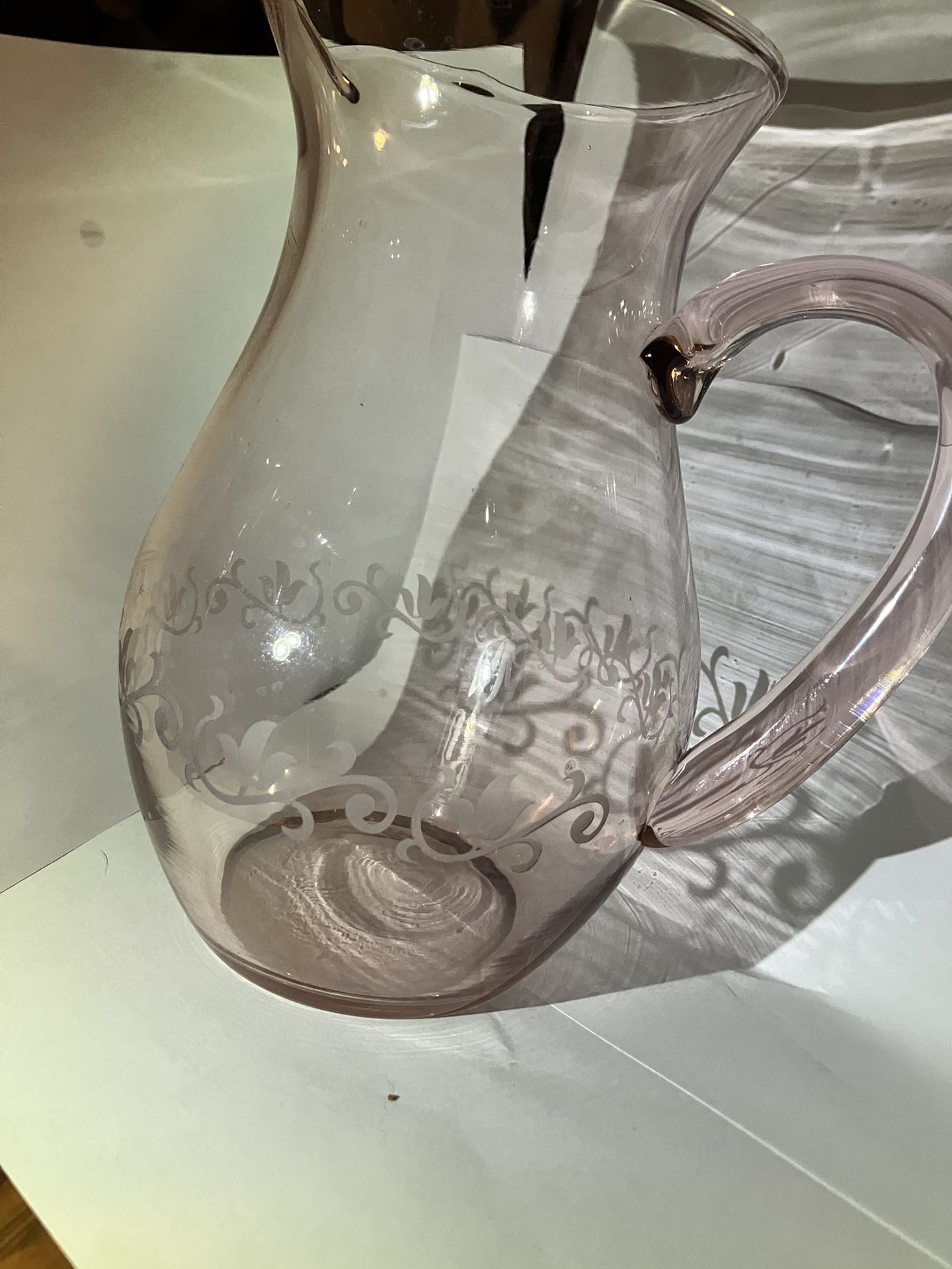 Vintage Pink Etched Floral Glass Carafe Pitcher - Elegant Decor