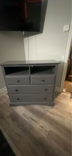 Gray Wood Dresser with Open Shelves