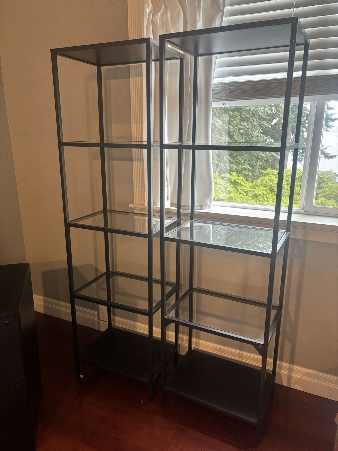 2 Black Metal Glass Freestanding Shelves