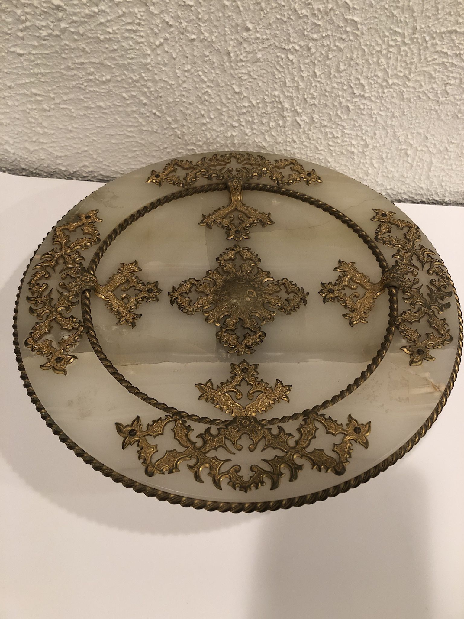 Antique Rare Footed Center Piece Made Of Marble And Bronze Center Piece 12” Wide And 3 “ Height This is over 75 years old , is made of marble decora