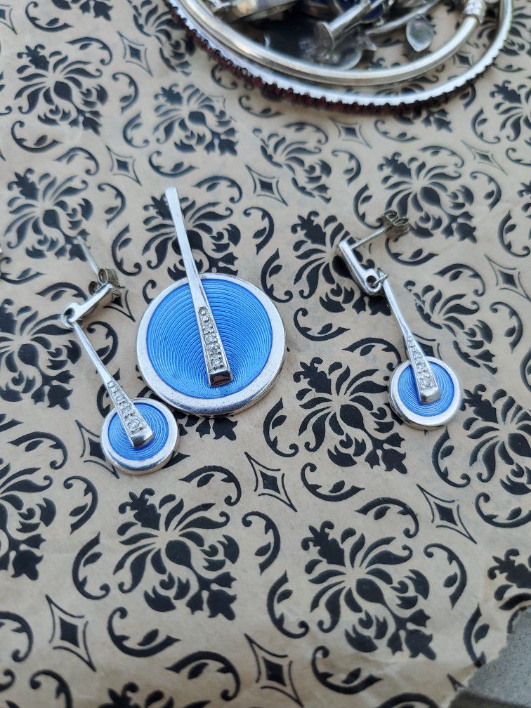 Estate Blue Enamel , Necklace ,earring Set .real Diamonds 