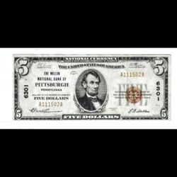 1929 5 Dollar Bill The Mellon National Bank Of Pittsburgh Pennsylvania Low...