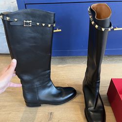 VALENTINO Rockstud Accents Leather Riding Boots