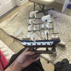 Wooden Sailboat Model Blue White Brown Decorative Collectible Display Vintage 
