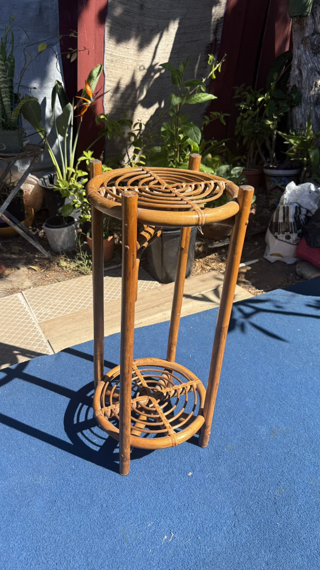 Vintage 2-Tier Bamboo Rattan Plant Stand / Side Table 32in Tall