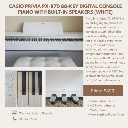 Casio Privia PX 870 88 Key Digital Console Piano (White)