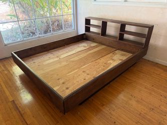 Vintage 70s Solid Wood Queen Platform Bed Frame with Bookcase Headboard  - Perfect Refurbish Project