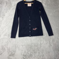 Hollister Button Front Cardigan Womens M Y2K Preppy Logo Blue Pocket Stretch