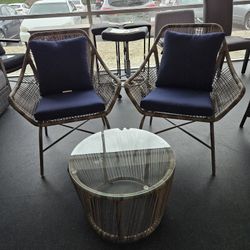 3-Piece Outdoor Wicker Patio Set – 2 Chairs with Cushions & Glass Table