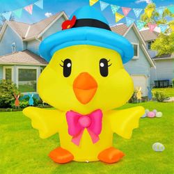 5.2 FT Easter Inflatable Chicken Outdoor Decoration Duck Blue Hat Built-in LED's Indoor Party Garden Lawn Decor