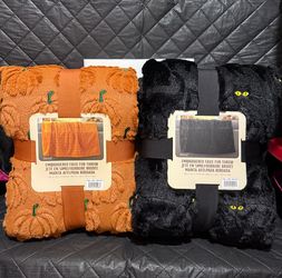 New Halloween Faux Fur Throws Pumpkin and Black Cat design