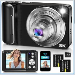 5K Digital Camera for Photography, WiFi 64MP Autofocus Dual Lens Vlogging Camera with Touch Screen