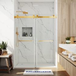 New double sliding shower door with 3/8" thick tempered glass. This unit has gold-finished hardware including handles, rollers, and tracks. The produc