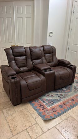 Brown Leather Power Recliner Loveseat with Console
