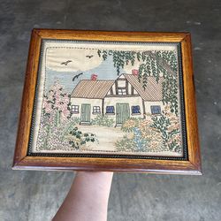 Crewel Embroidery Framed Cottage Garden Flowers Trees Vintage