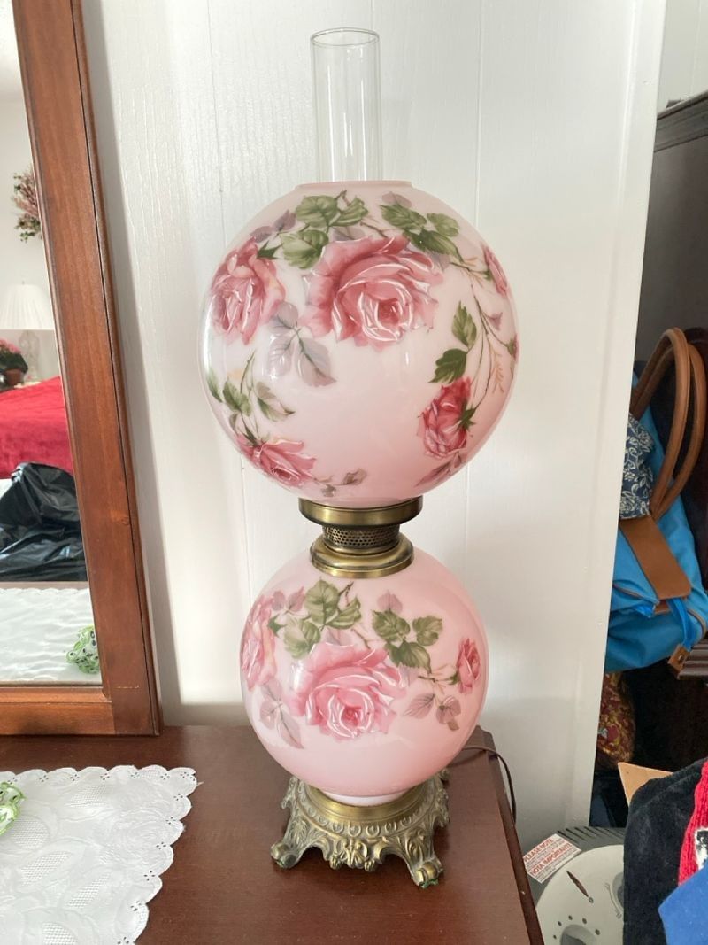 Gone With The Wind Hand Painted Pink Roses Milk Glass Hurricane Lamp 24” 3 Way