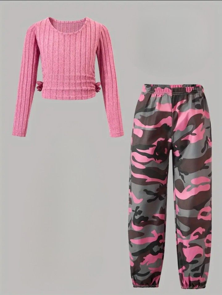 Pink Ribbed Top and Camo Pants Set