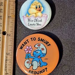 The Smurfs Want to Smurf Around? This Chick Loves You Vintage Collectible Lapel Pin Button Pinback Lot Of 2 A-1