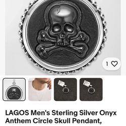 Unisex LAGOS Black Onyx & Sterling Silver 925 Round LAGOS Skull & Crossbones Pendant. New With Tags $350. Yours For Only $175.