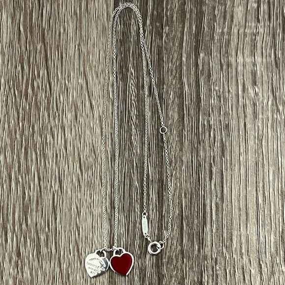 Tiffany & Co. mini RTT red enamel double heart necklace