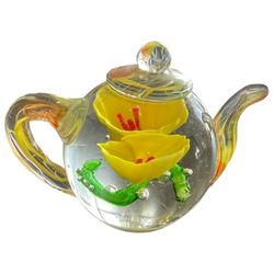 Vtg Hand Blown Glass Teapot Shaped w Yellow Flowers Ring Holder Paperweight  IS APPROX.5-1/4 INCHES ACROSS AND 3 INCHES TALL.PLEASE  This vintage pape