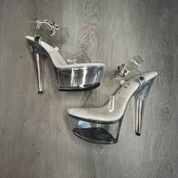 Ellie Clear Lucite Platform Mules Ankle Strap Stiletto Heels Peep Toe