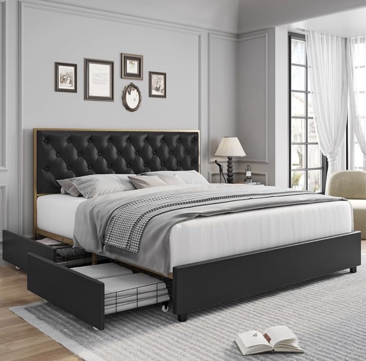 King Bed Frame with 4 Storage Drawers, Faux Leather, Button Tufted Headboard, Heavy Duty Mattress Foundation