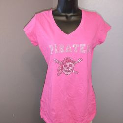 Pink v neck short sleeve large glitter "pirates" T-shirt
Looks like a youth large
95% cotton and 5% spandex

Purple 995