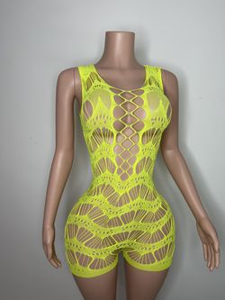 Exotic Dancer- Stripper Wear-Rave Wear-Lingerie Sexy Yellow Rhinestones One Piece.