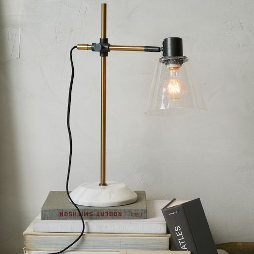 WEST-ELM ANTIQUE FACTORY TASK LAMP WITH MARBLE BRASS BASE BUBBLE GLASS
