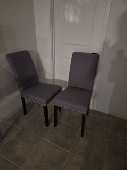 Studded upholstered modern grey gray dining chairs set of 2