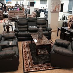 Beautiful Sofa and loveseat & single chair black leather Bluetooth speaker USB charger recliner with led lights