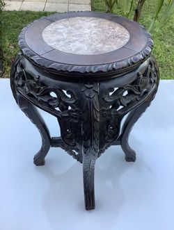 Antique Rosewood Chinese Hand Carved Wood & Mable Plant Stand Great Condition 