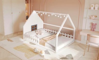 Brand New Wood House Bed with Window and Fence Full Size