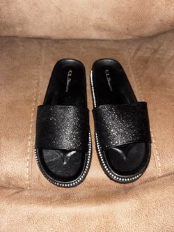 Black Glitter Rhinestone Slide Sandals