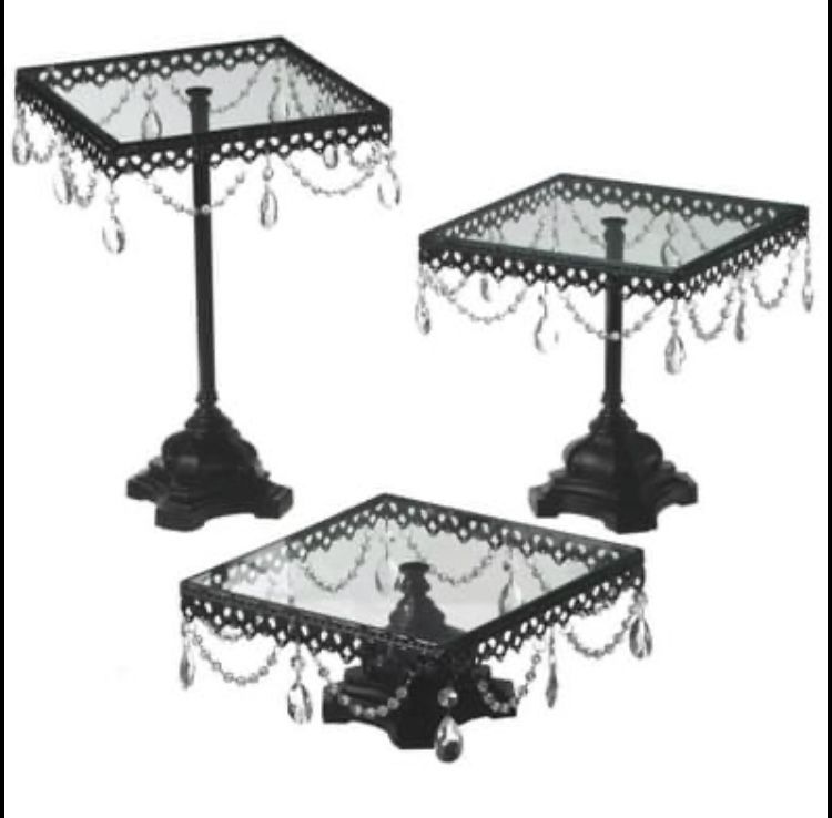 Set of 3 Jeweled Black Square Wedding Cake Stands Kitchen Counter Event Display Trays
