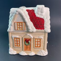 Vintage Ceramic Christmas Snowy Cottage Cookie Jar Canister Red Roof 9" PRISTINE