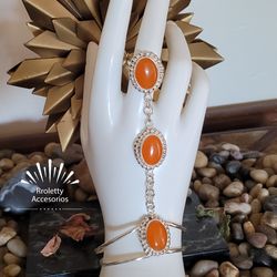 Sterling Silver 950 Hand Chain  Bracelet with ring and Natural Stones.