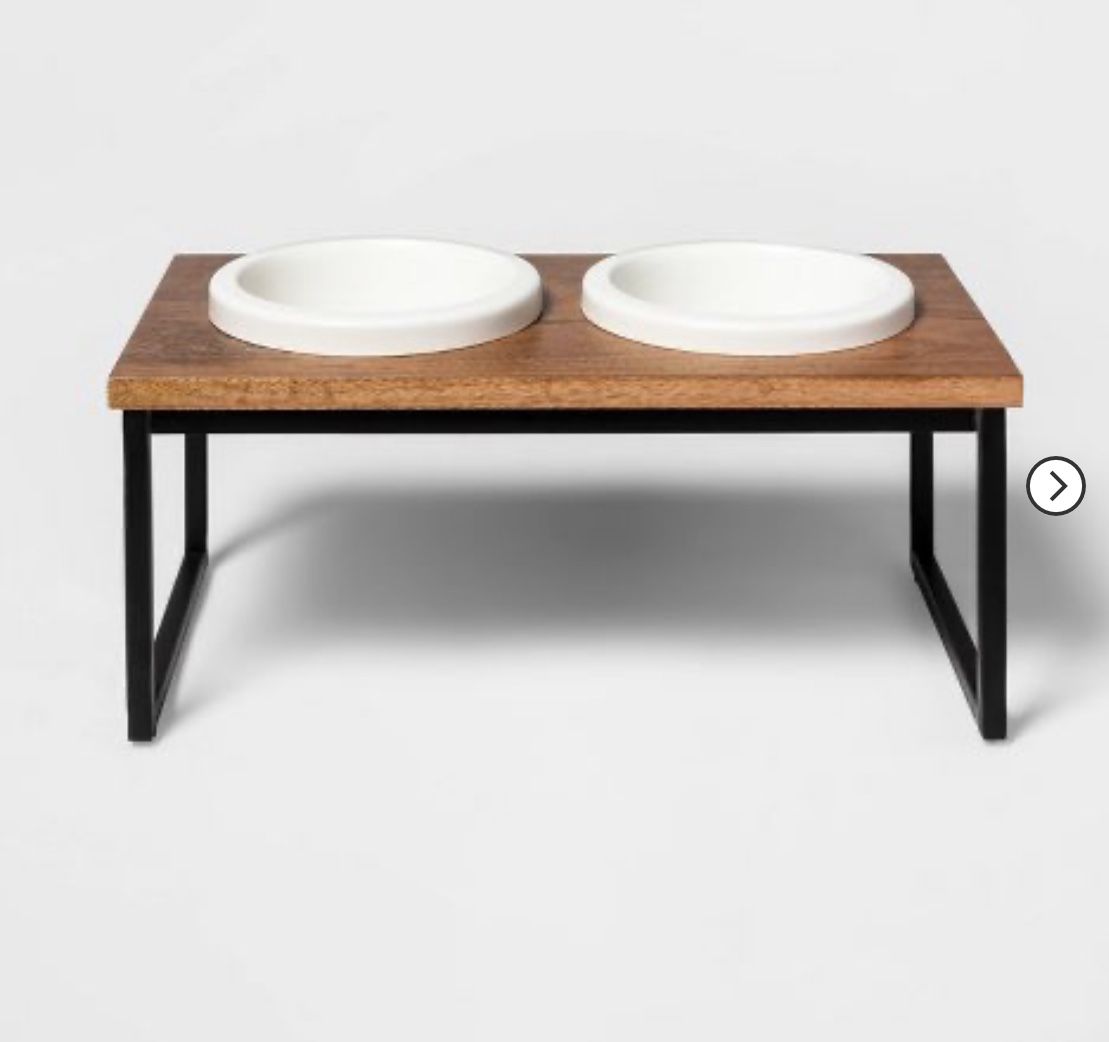 Modern Short Metal Elevated Dog Bowl with Natural Wood Top - Black - Boots & Barkley