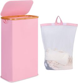Pink Bamboo Laundry Hamper with Removable Liner - NEW