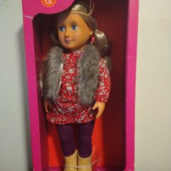 Our Generation Claire 18-Inch Doll with Tights, Flowery Blouse, Faux Fur Vest, Headband, and Tan Cowboy Boots
